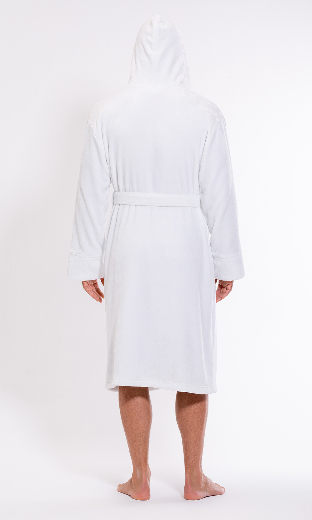Men's White Plush Soft Warm Fleece Bathrobe with Hood, Comfy Men's Robe-Robemart.com