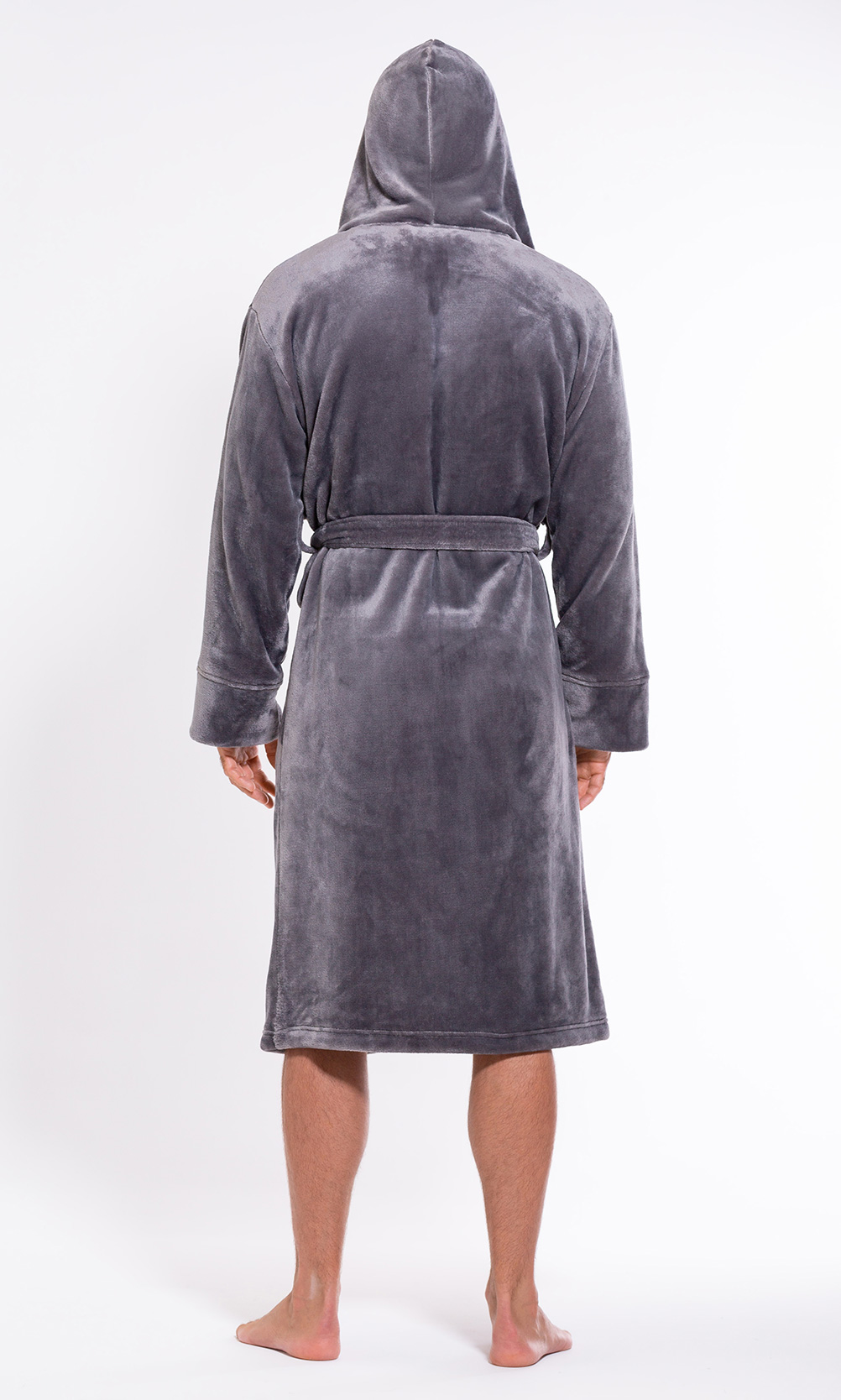 Men's Gray Plush Soft Warm Fleece Bathrobe with Hood, Comfy Men's Robe-Robemart.com