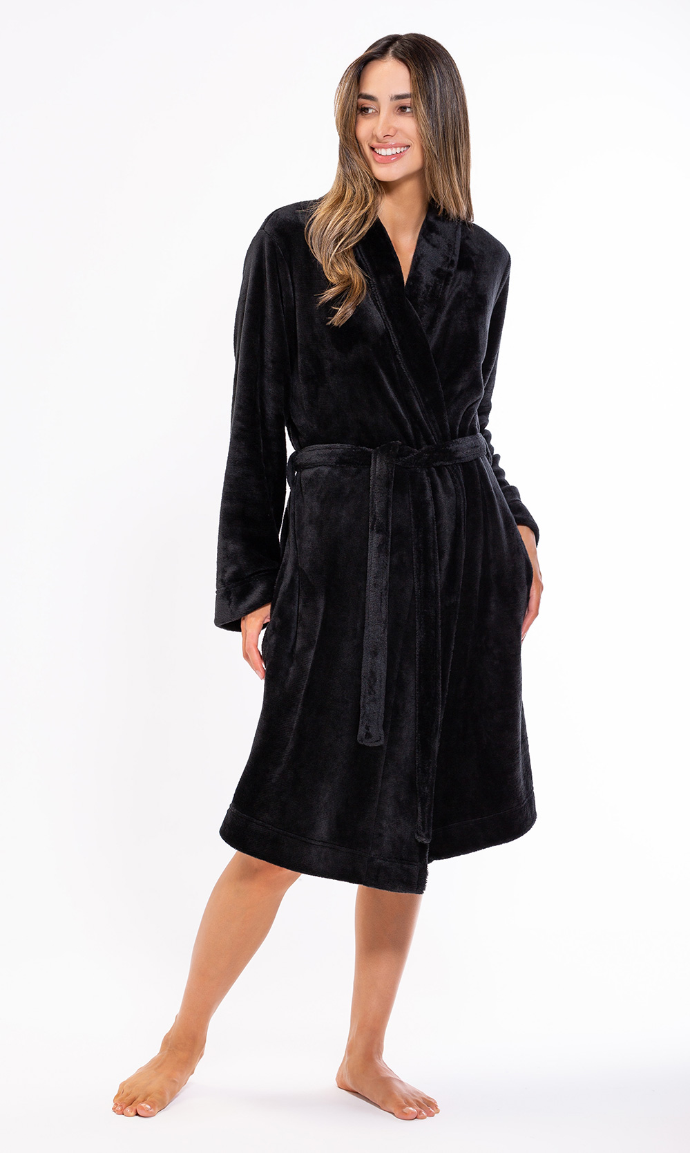 Super Soft Black Lightweight Plush Shawl Short Women's Robe-Robemart.com