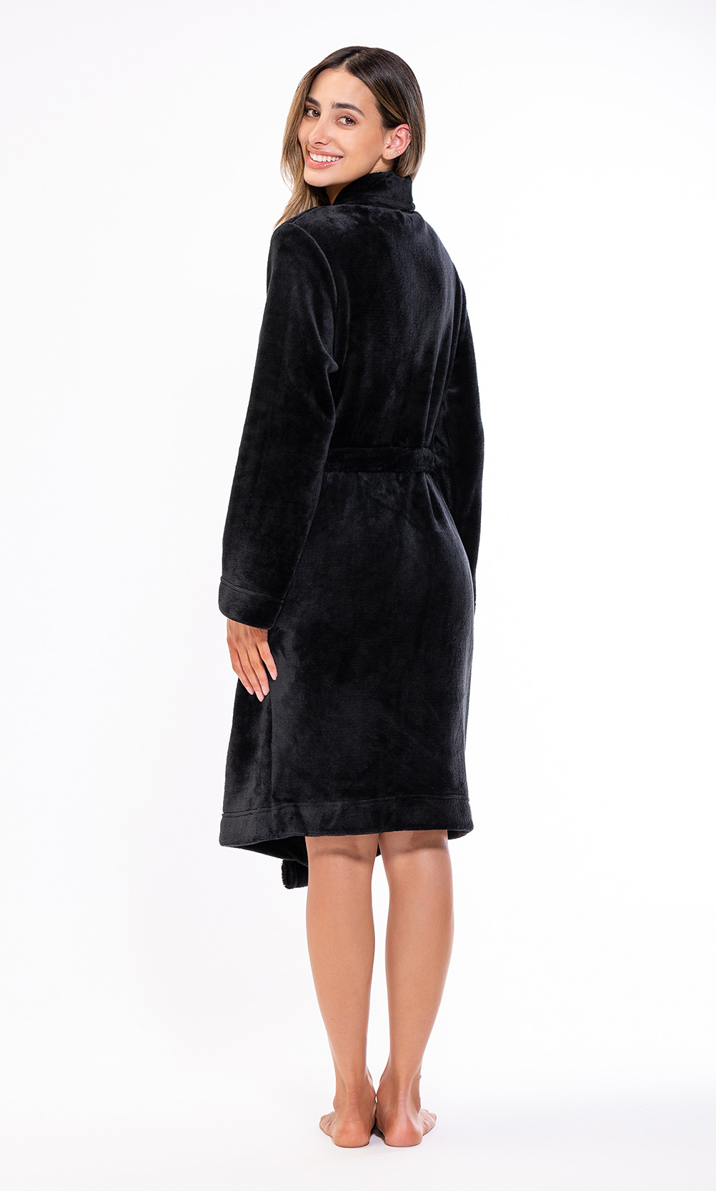Super Soft Black Lightweight Plush Shawl Short Women's Robe-Robemart.com