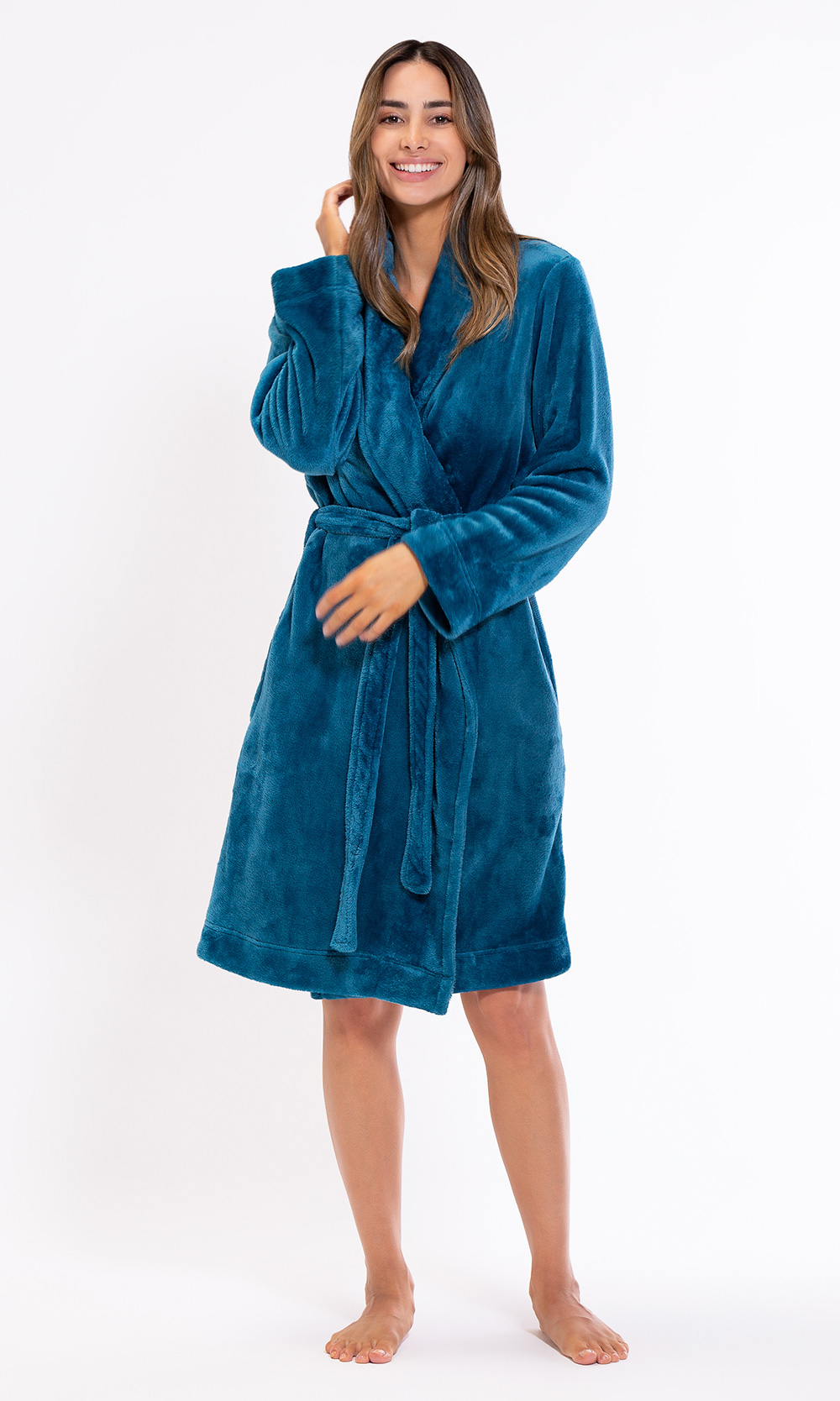 Super Soft Harbor Blue Lightweight Plush Shawl Short Women's Robe-Robemart.com
