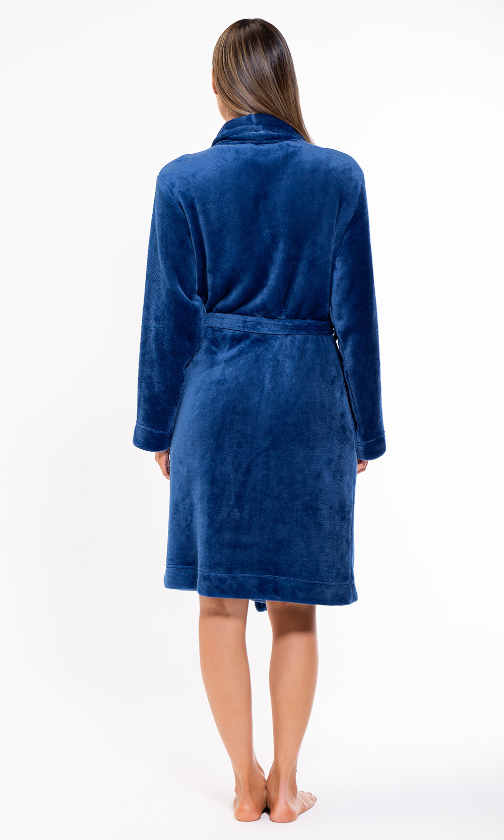 Super Soft Navy Blue Lightweight Plush Shawl Short Women's Robe-Robemart.com