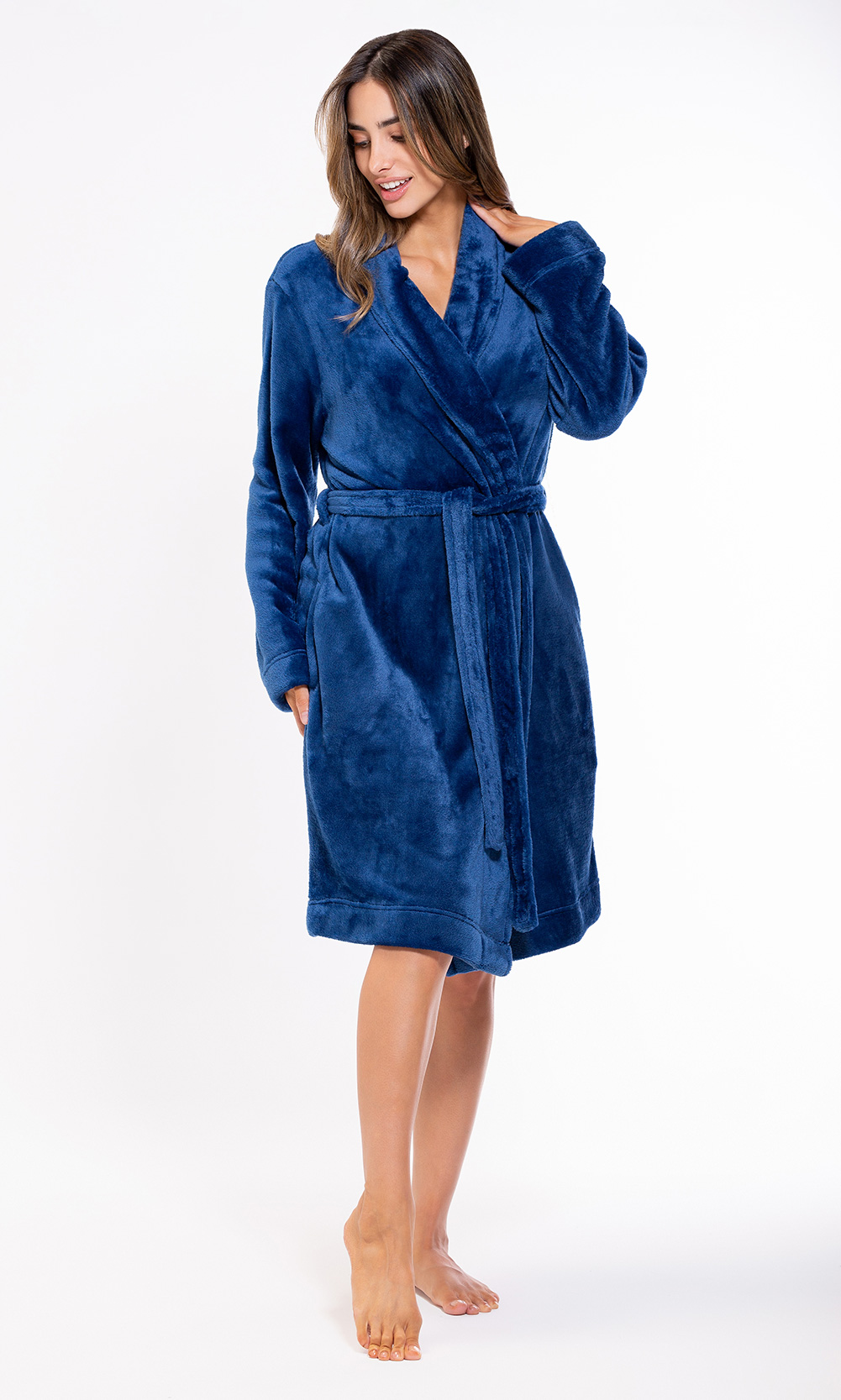 Super Soft Navy Blue Lightweight Plush Shawl Short Women's Robe-Robemart.com