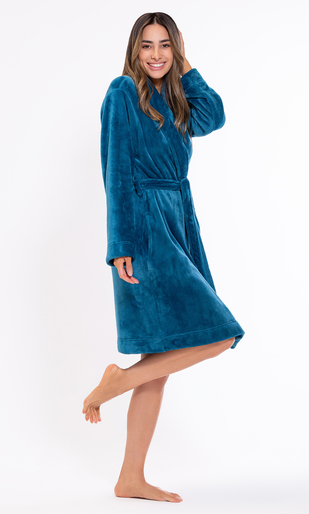 Super Soft Harbor Blue Lightweight Plush Shawl Short Women's Robe-Robemart.com