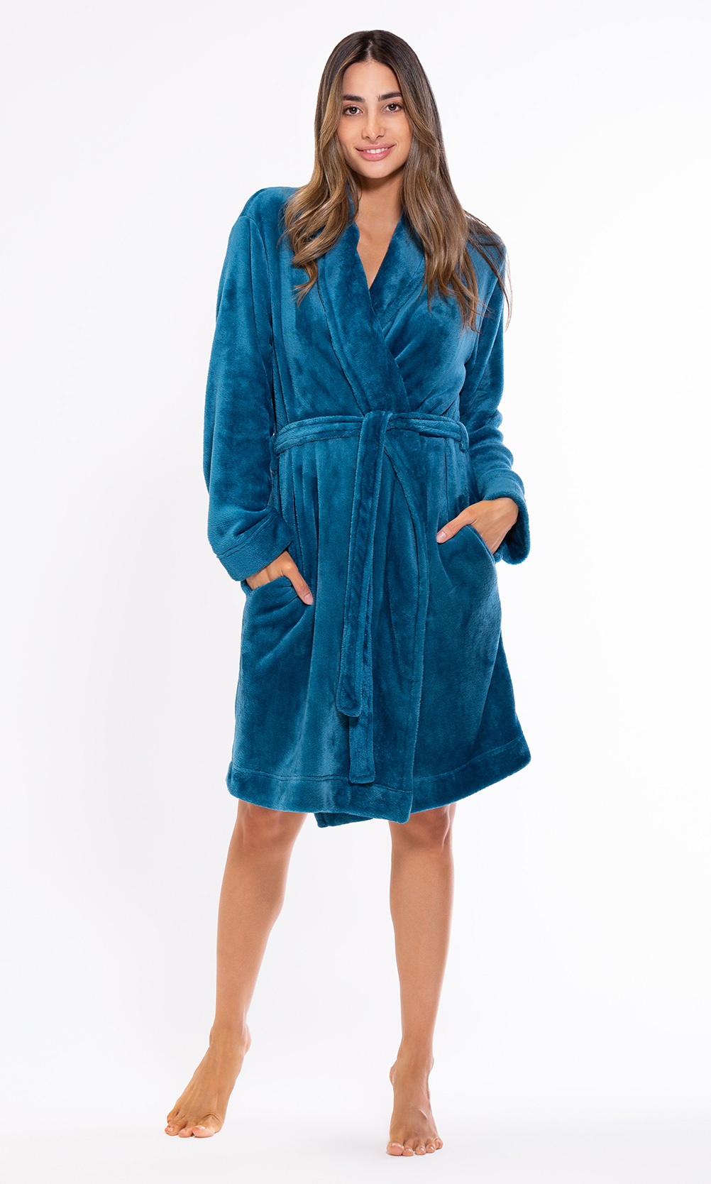 Super Soft Harbor Blue Lightweight Plush Shawl Short Women's Robe-Robemart.com