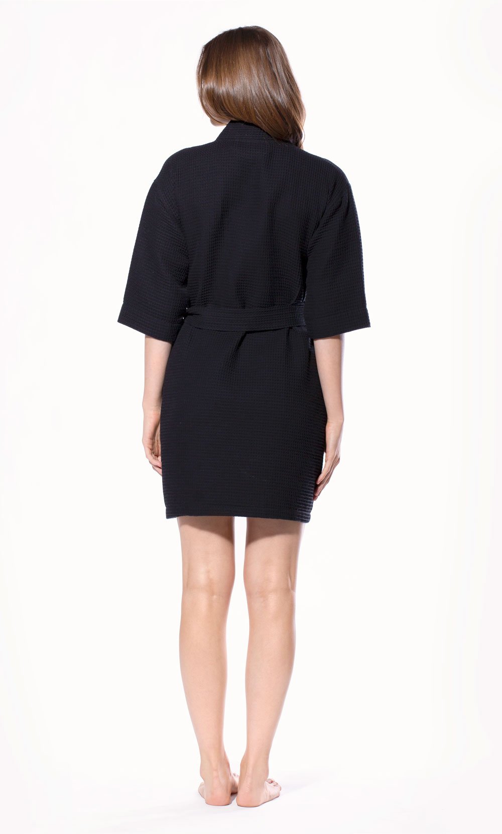 Waffle Kimono Black Short Robe Square Pattern-Robemart.com