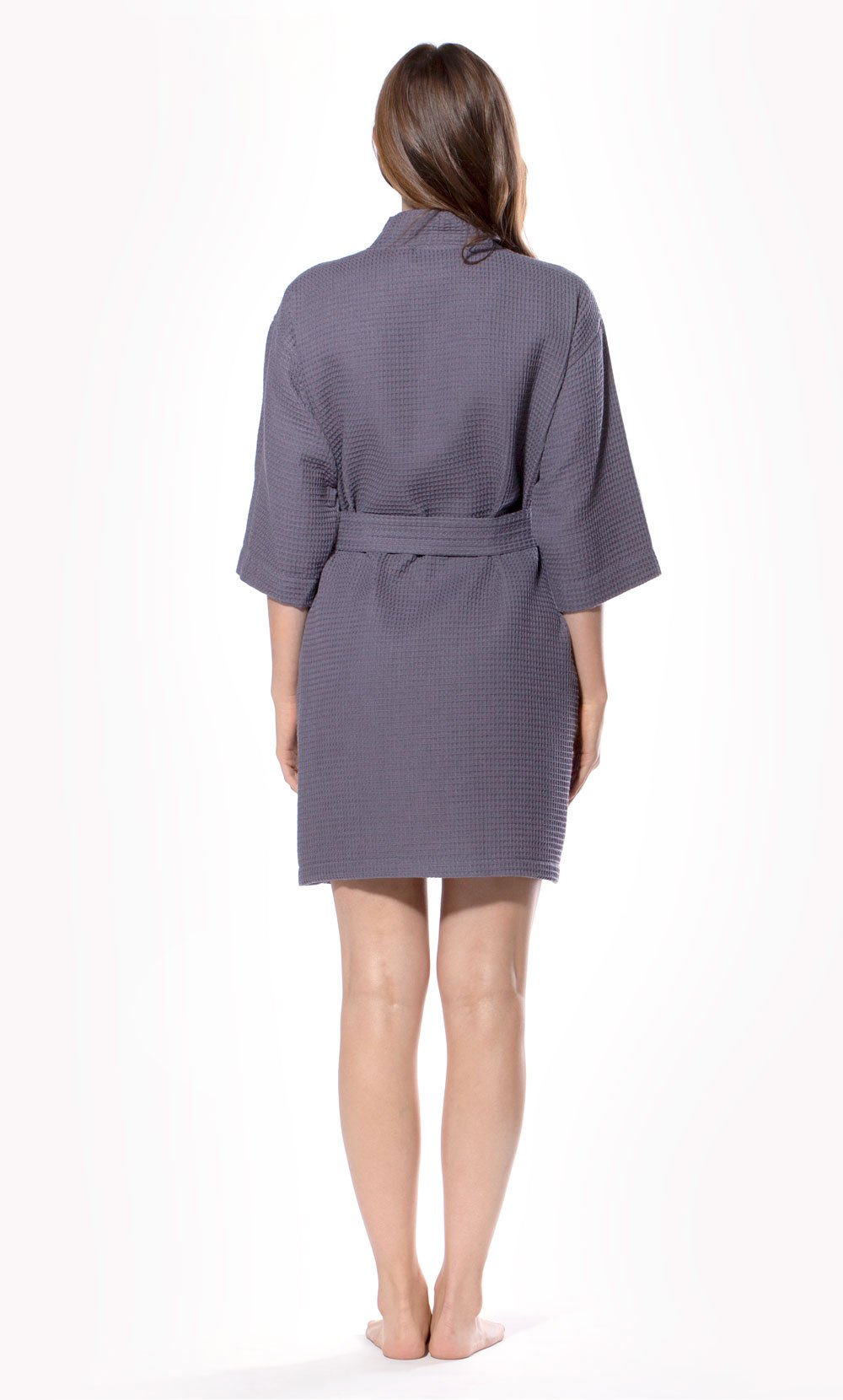 Waffle Kimono Charcoal Gray Short Robe Square Pattern-Robemart.com