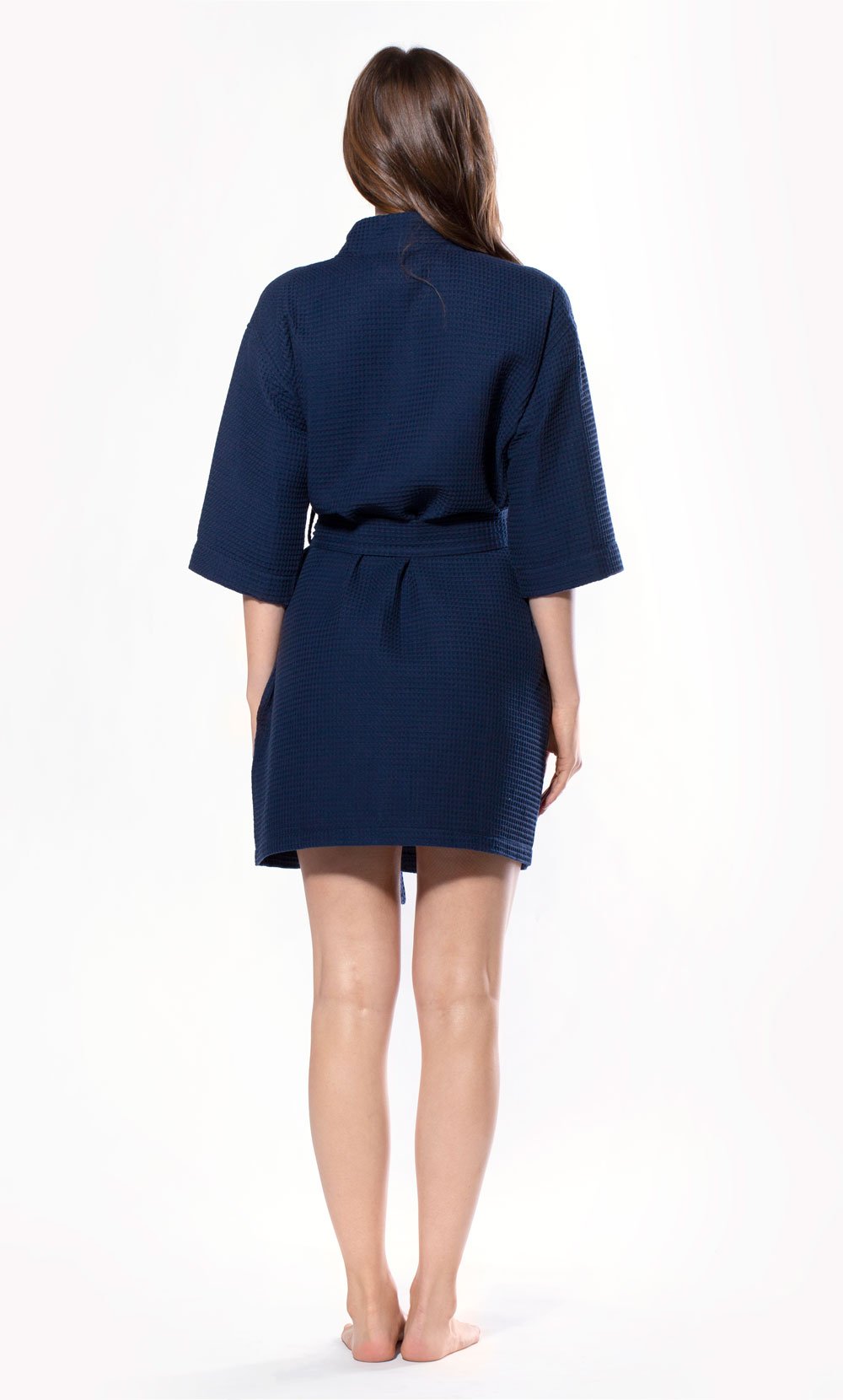 Waffle Kimono Navy Blue Short Robe Square Pattern-Robemart.com