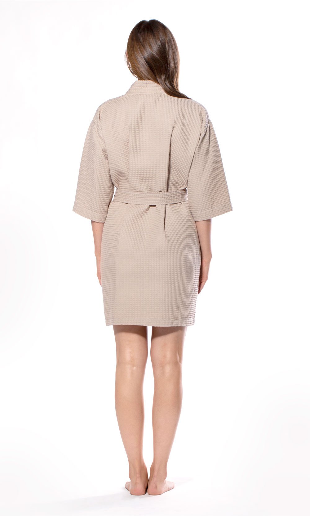 Waffle Kimono Taupe Short Robe Square Pattern-Robemart.com