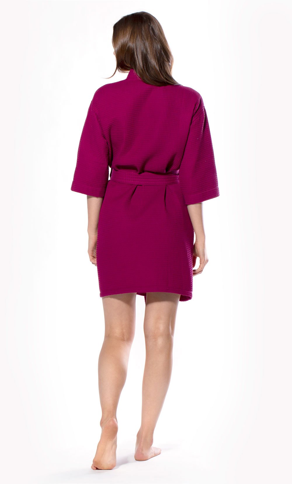 Waffle Kimono Wine Red Short Robe Square Pattern-Robemart.com