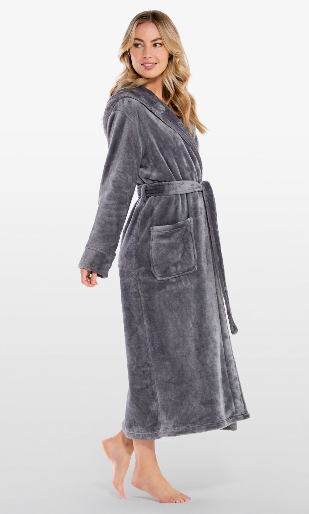 Super Soft Gray Plush Hooded Women's Robe-Robemart.com