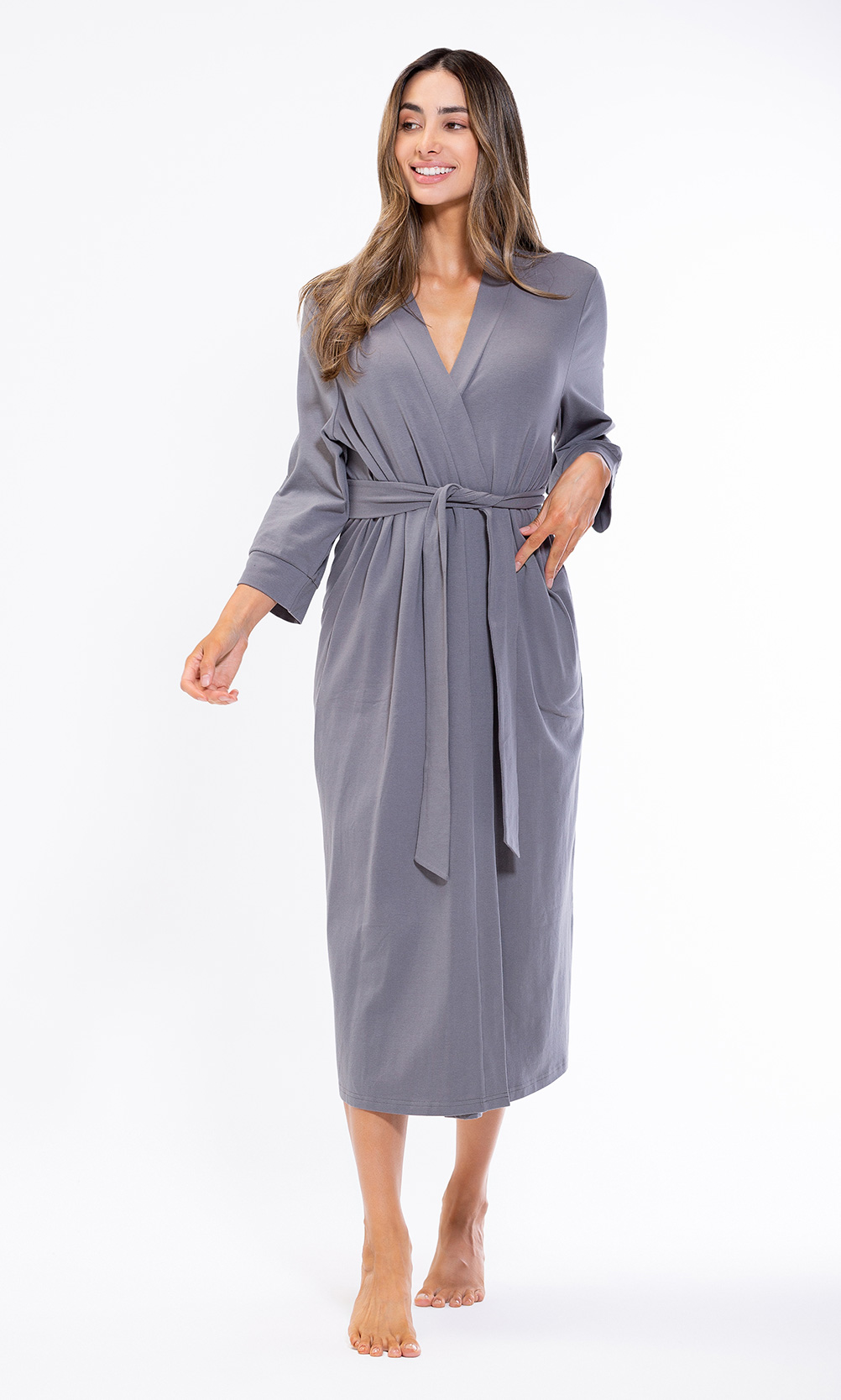 Cotton Charcoal Gray Knit Kimono Robe Final Sale-Robemart.com