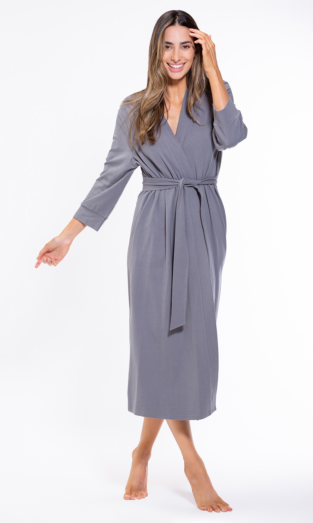 Cotton Charcoal Gray Knit Kimono Robe Final Sale-Robemart.com