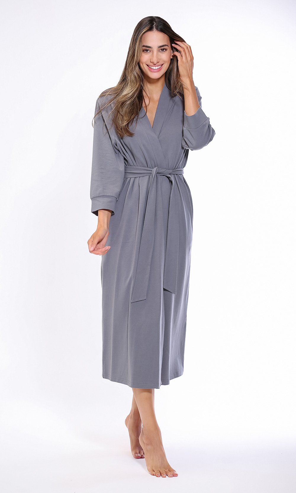 Cotton Charcoal Gray Knit Kimono Robe Final Sale-Robemart.com