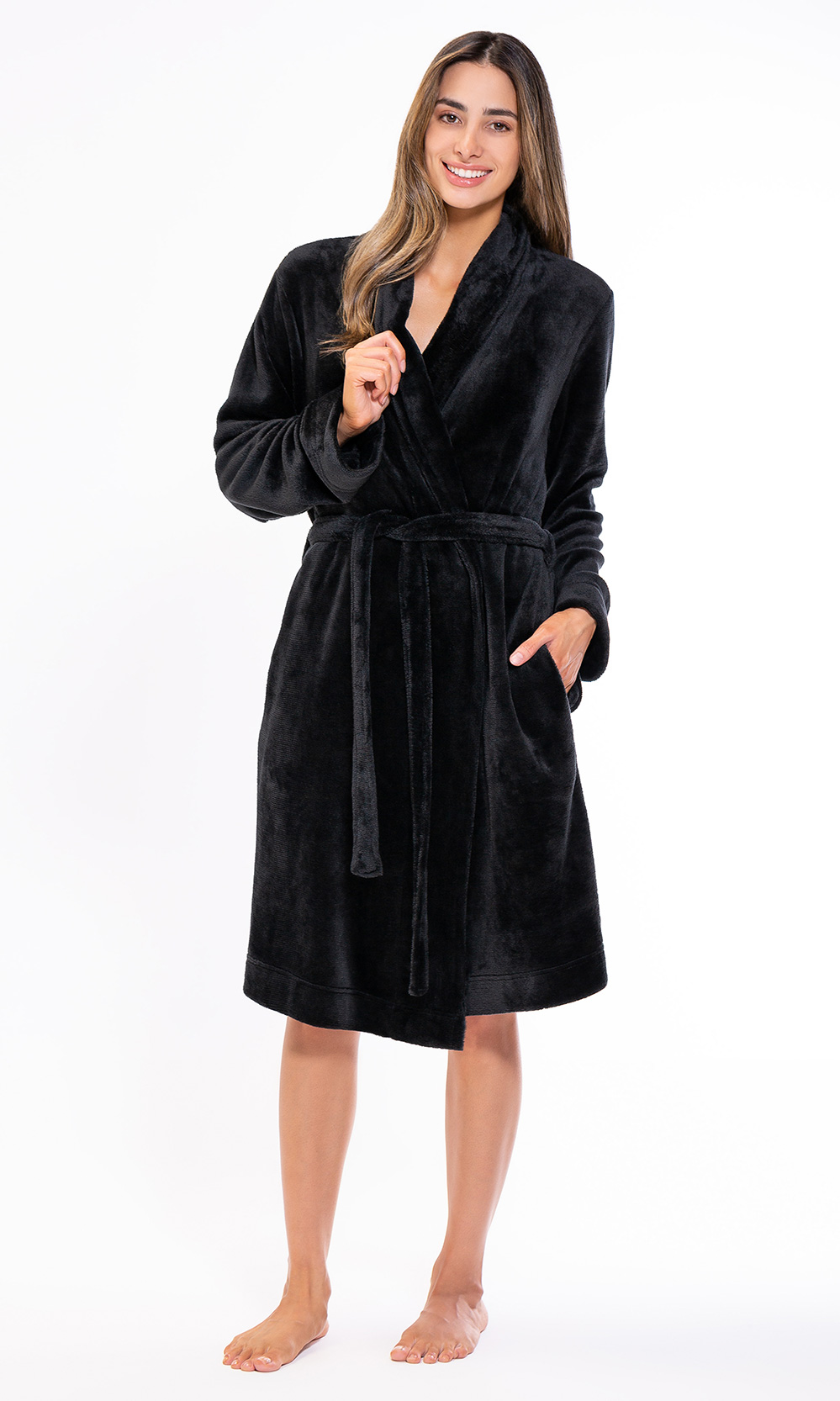 Super Soft Black Lightweight Plush Shawl Short Women's Robe-Robemart.com