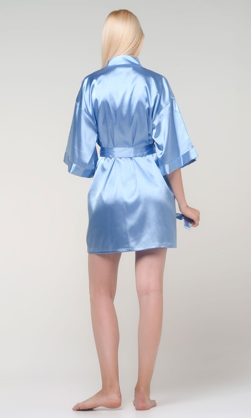 Airy Blue Satin Kimono Short Robe-Robemart.com