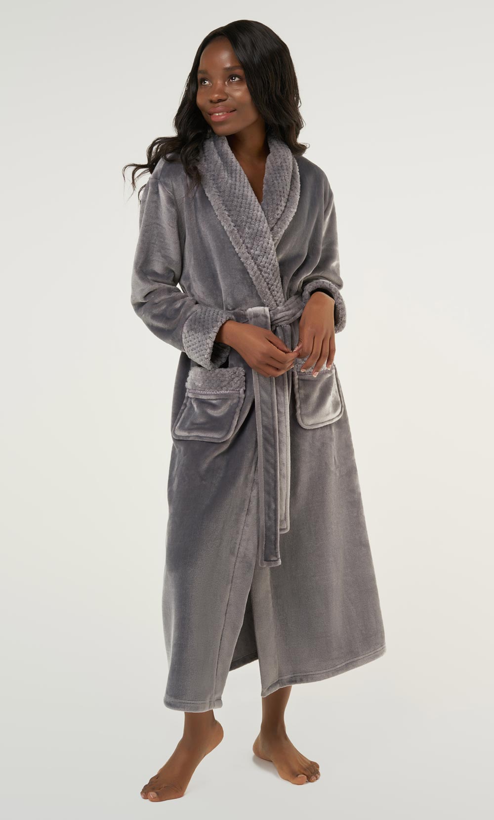 Gray Plush Soft Warm Fleece Womens Robe-Robemart.com