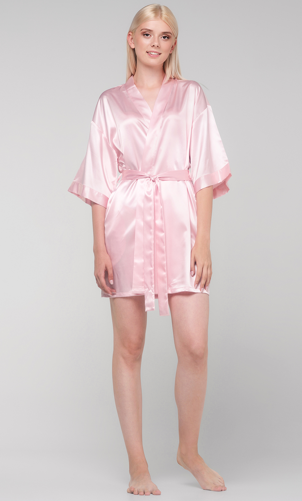 Light Pink Satin Kimono Short Robe-Robemart.com