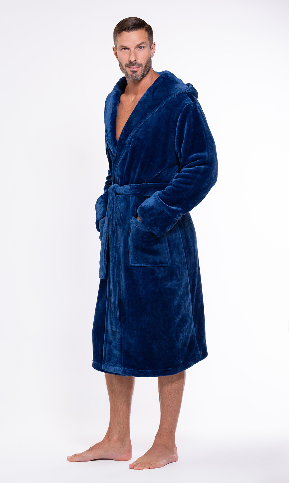 Men's Navy Blue Plush Soft Warm Fleece Bathrobe with Hood, Comfy Men's Robe-Robemart.com
