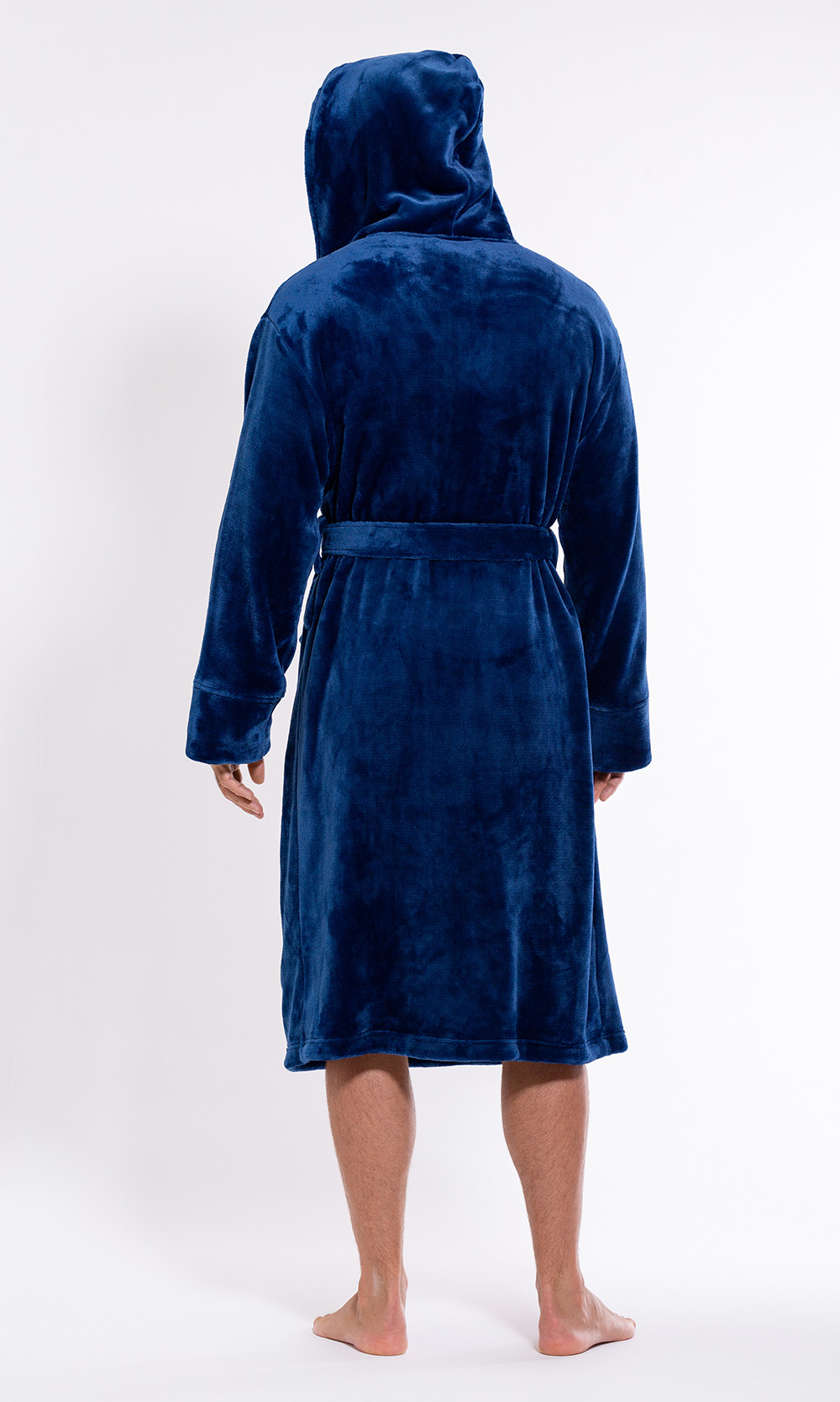 Men's Navy Blue Plush Soft Warm Fleece Bathrobe with Hood, Comfy Men's Robe-Robemart.com