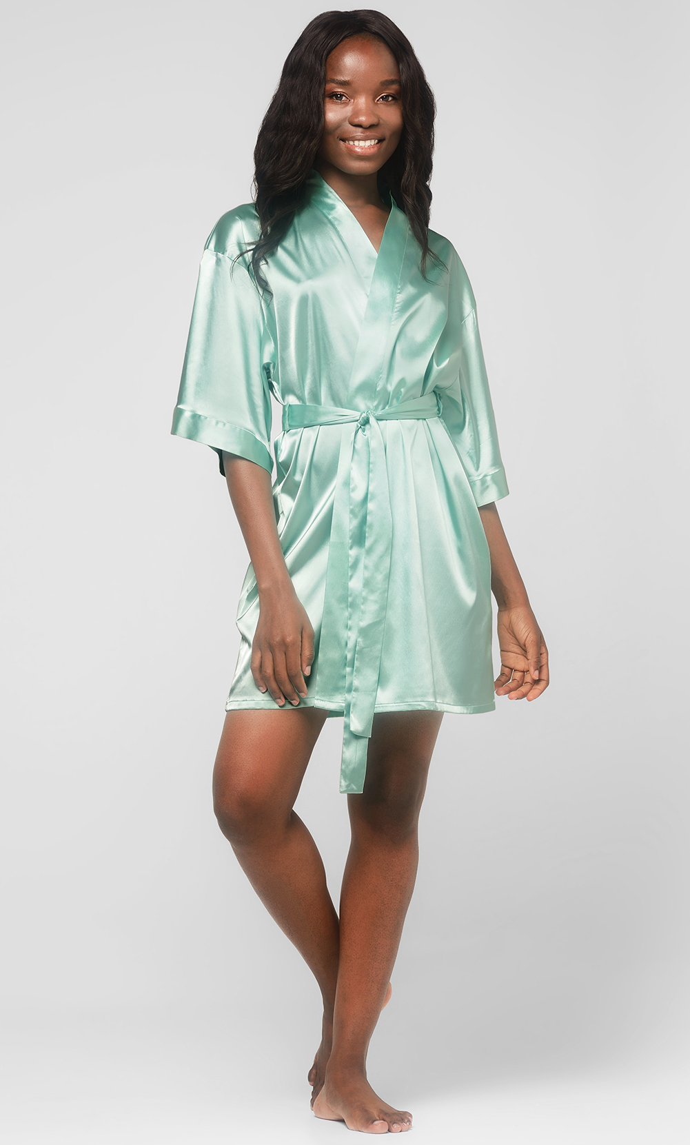 Mint Green Satin Kimono Short Robe-Robemart.com