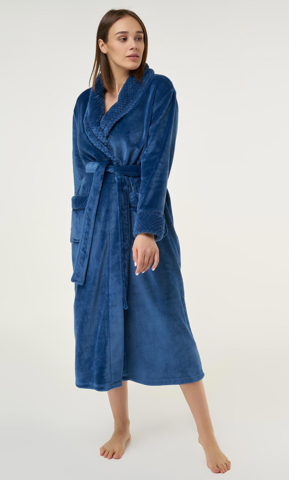 Navy Blue Plush Soft Warm Fleece Womens Robe-Robemart.com
