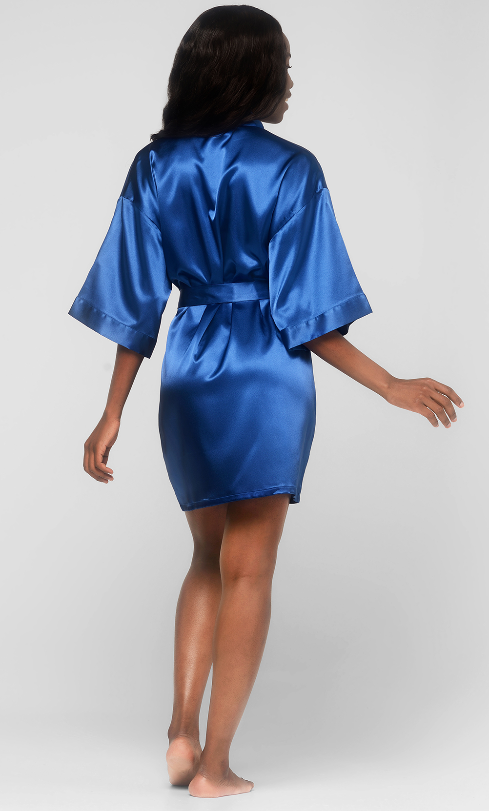 Navy Blue Satin Kimono Short Robe-Robemart.com
