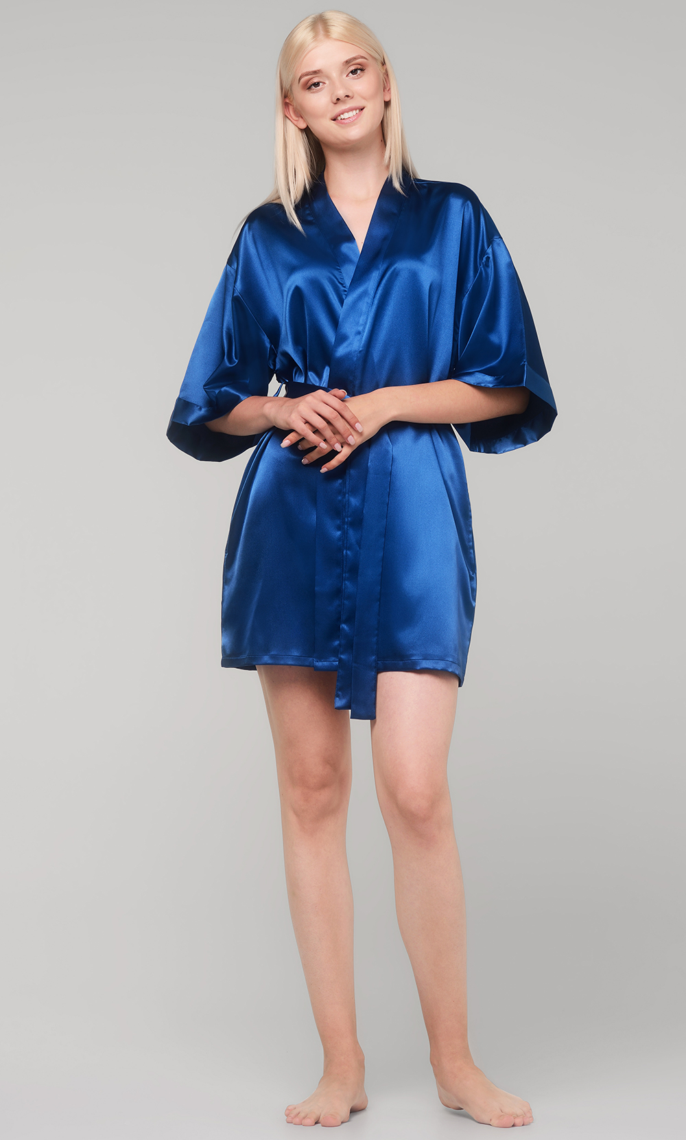 Navy Blue Satin Kimono Short Robe-Robemart.com
