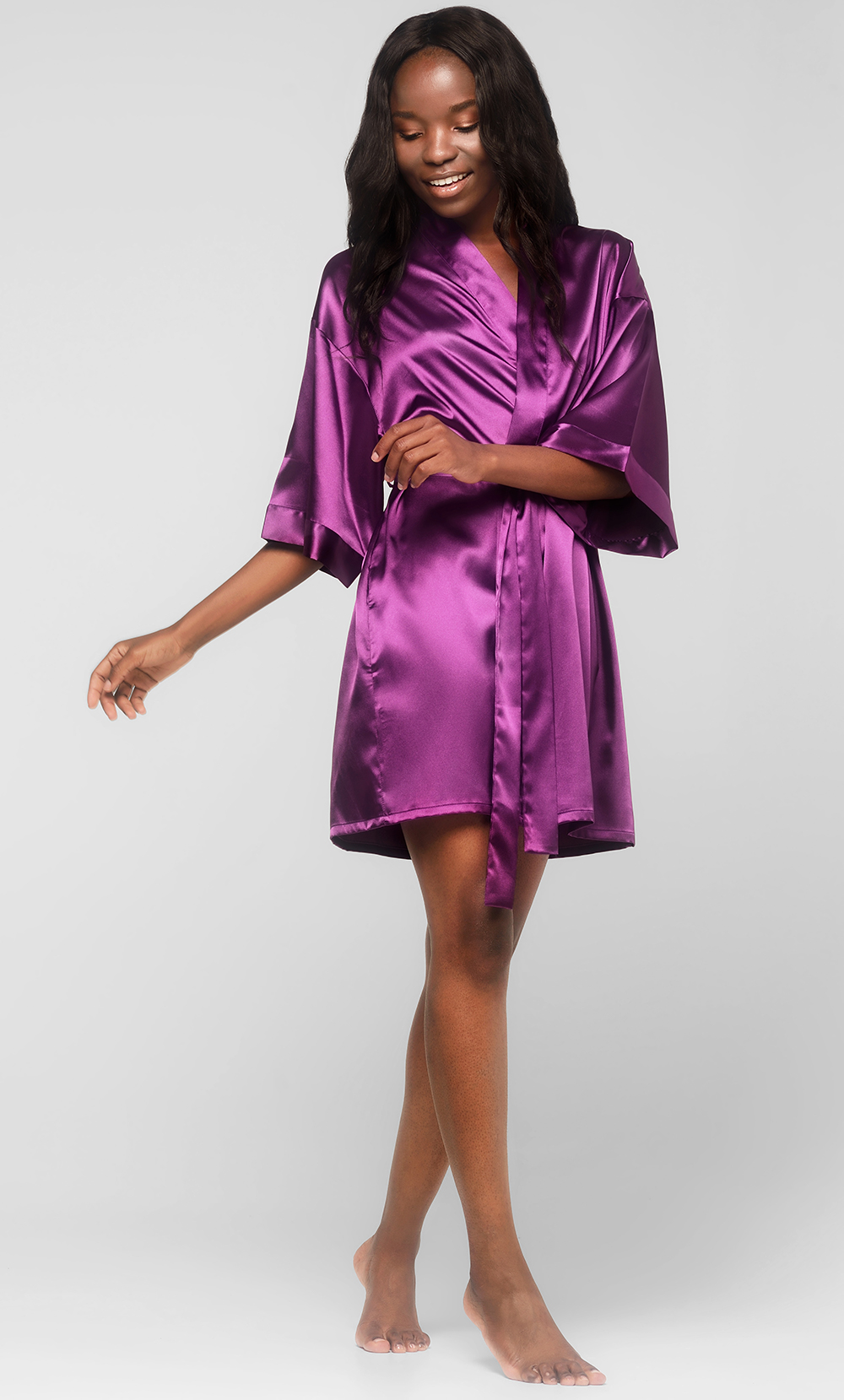Purple Satin Kimono Short Robe-Robemart.com