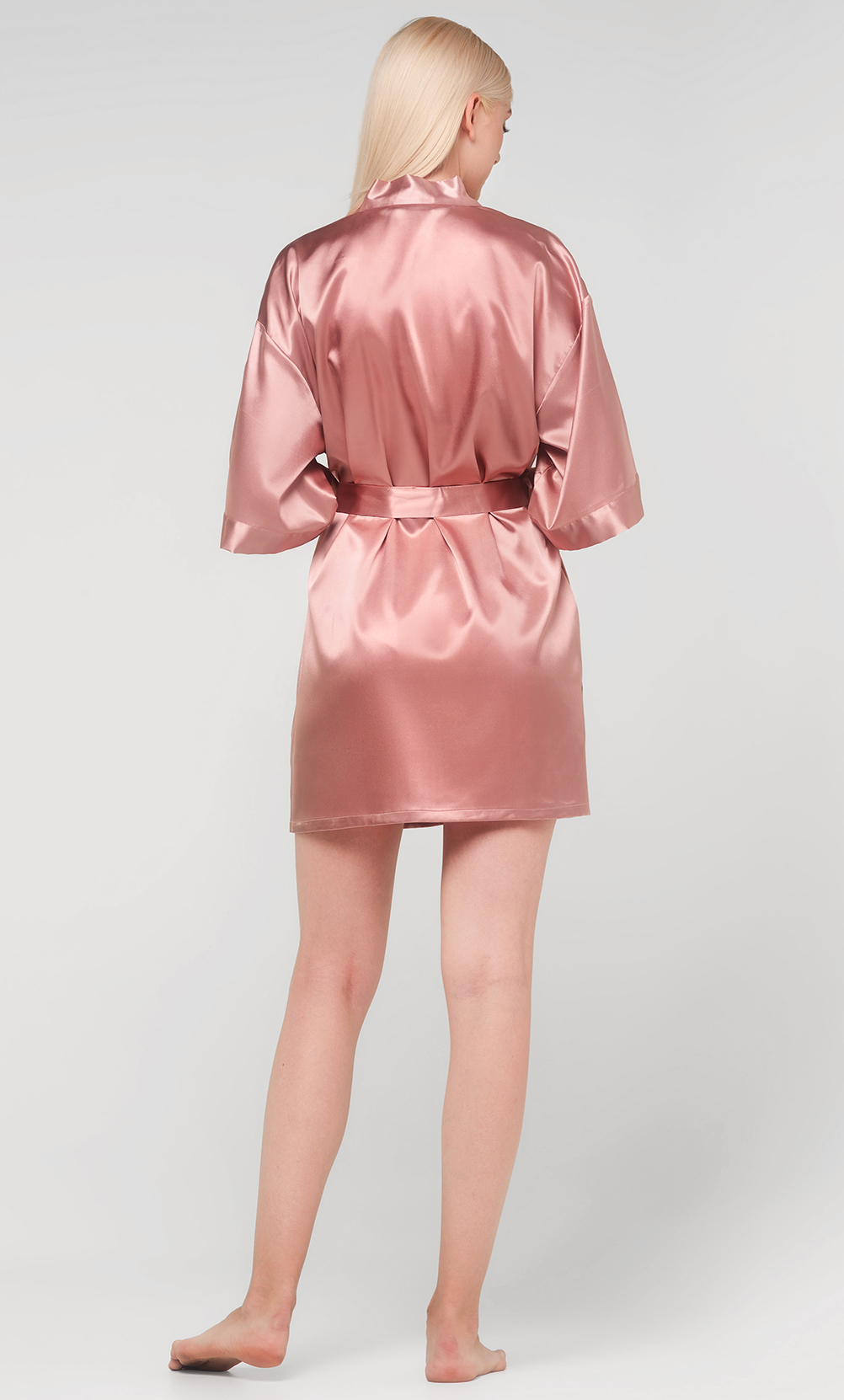 Rose Pink Satin Kimono Short Robe-Robemart.com