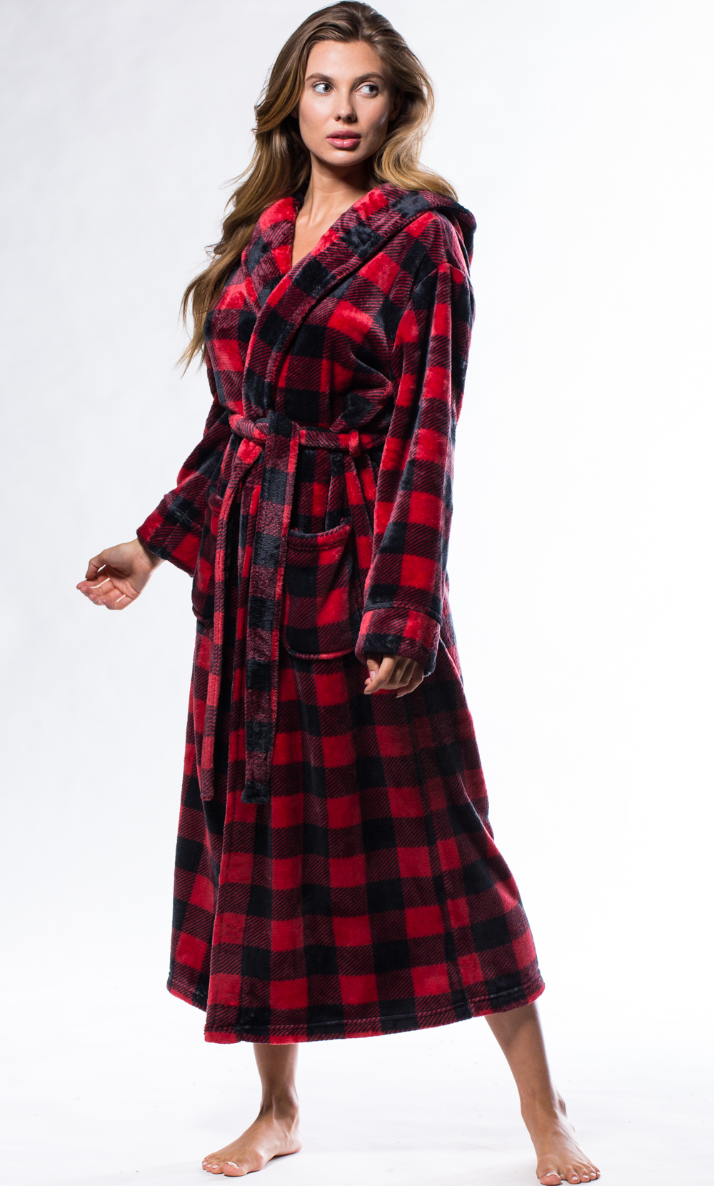 Super Soft Redplaid Plush Hooded Women's Robe-Robemart.com