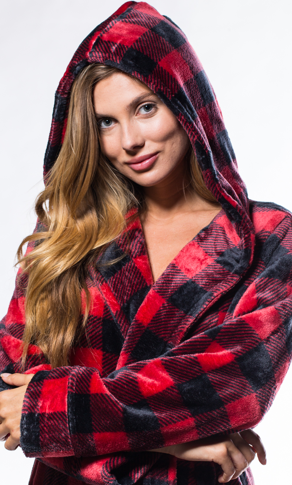 Super Soft Redplaid Plush Hooded Women's Robe-Robemart.com