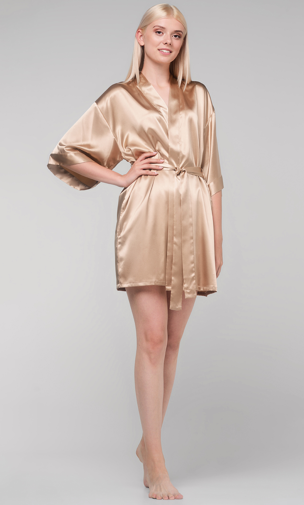 Taupe Satin Kimono Short Robe-Robemart.com