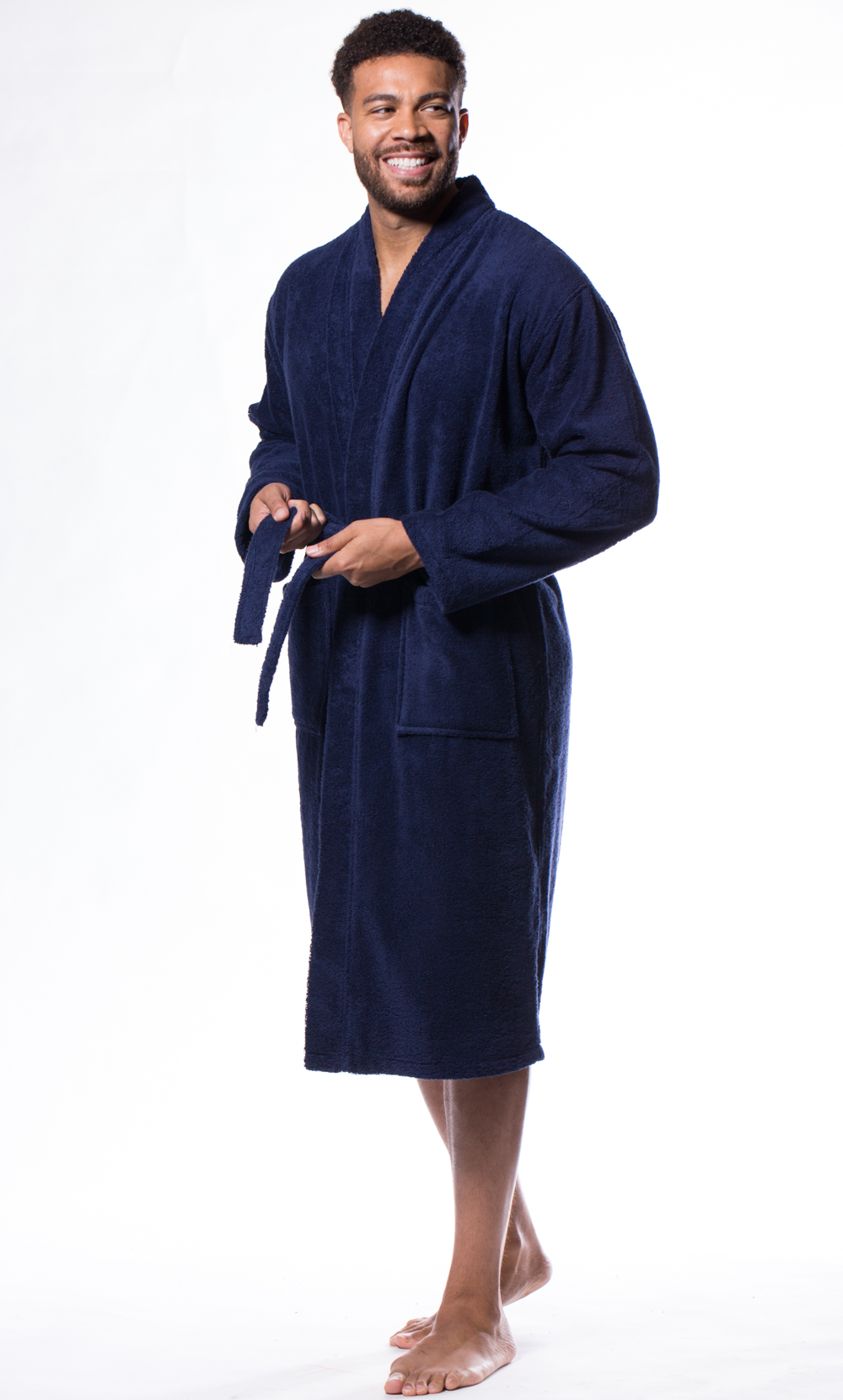 100% Turkish Cotton Navy Blue Terry Kimono Bathrobe-Robemart.com