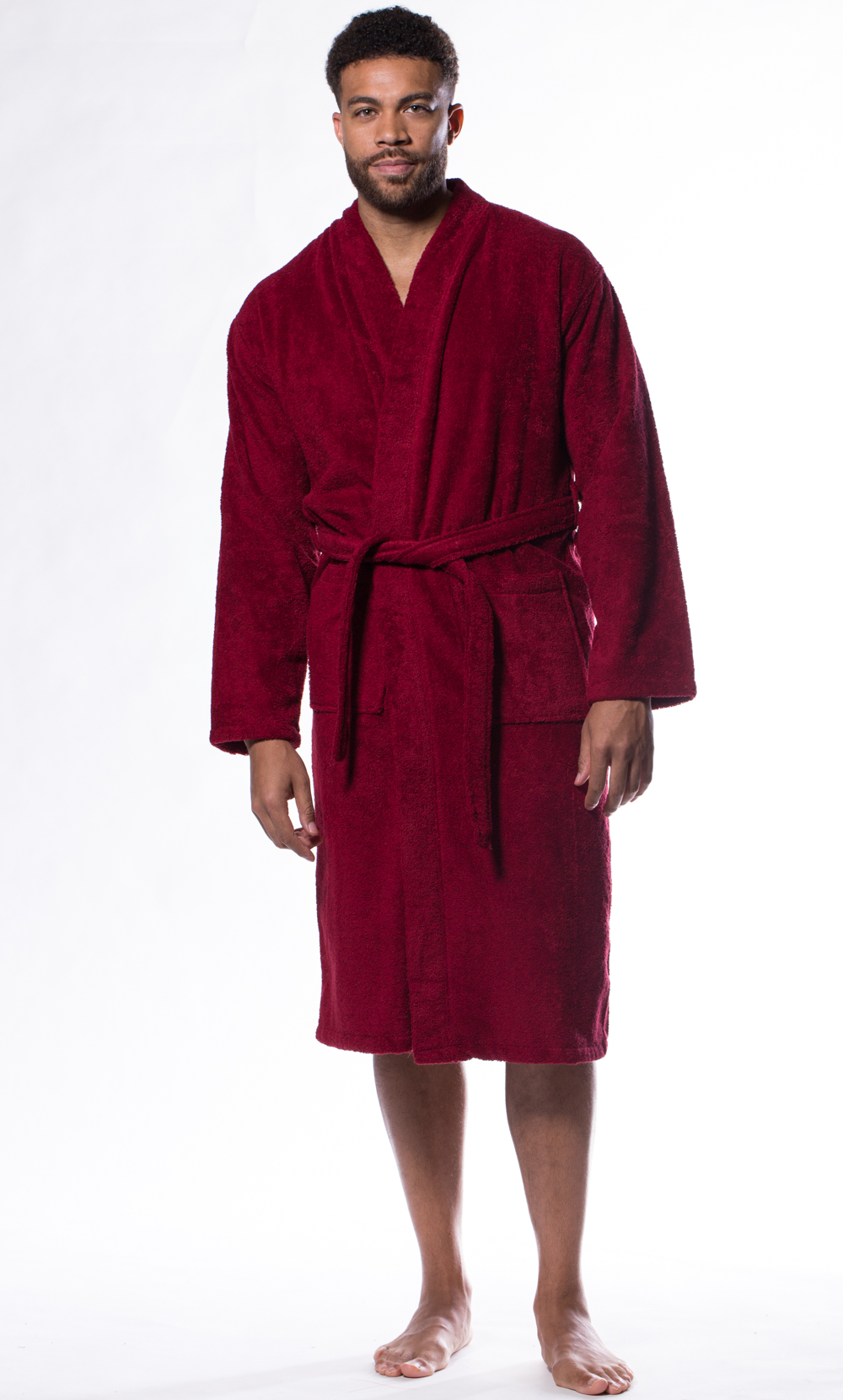 100% Turkish Cotton Wine Red Terry Kimono Bathrobe-Robemart.com