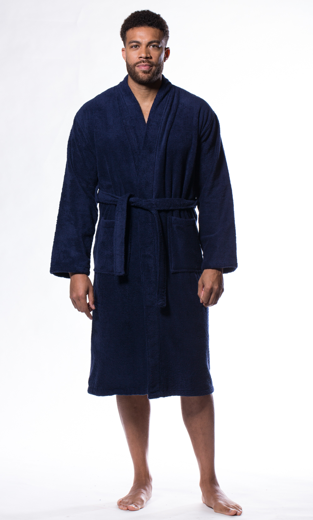 100% Turkish Cotton Navy Blue Terry Kimono Bathrobe-Robemart.com