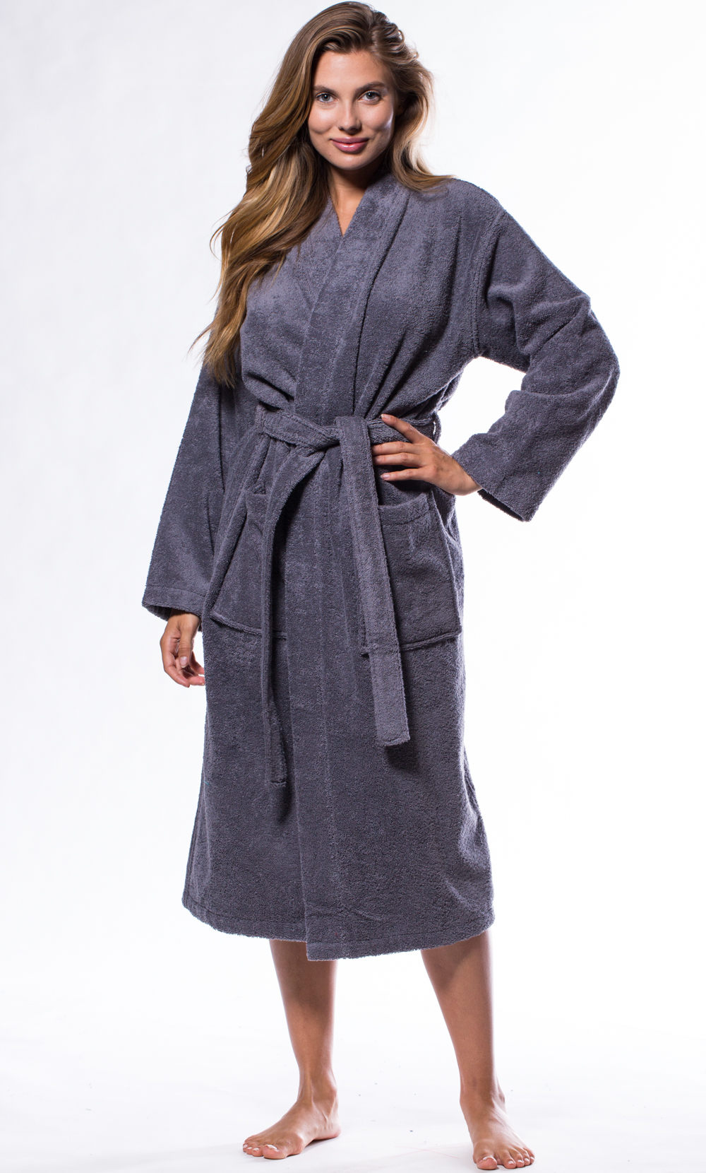 100% Turkish Cotton Gray Terry Kimono Bathrobe-Robemart.com