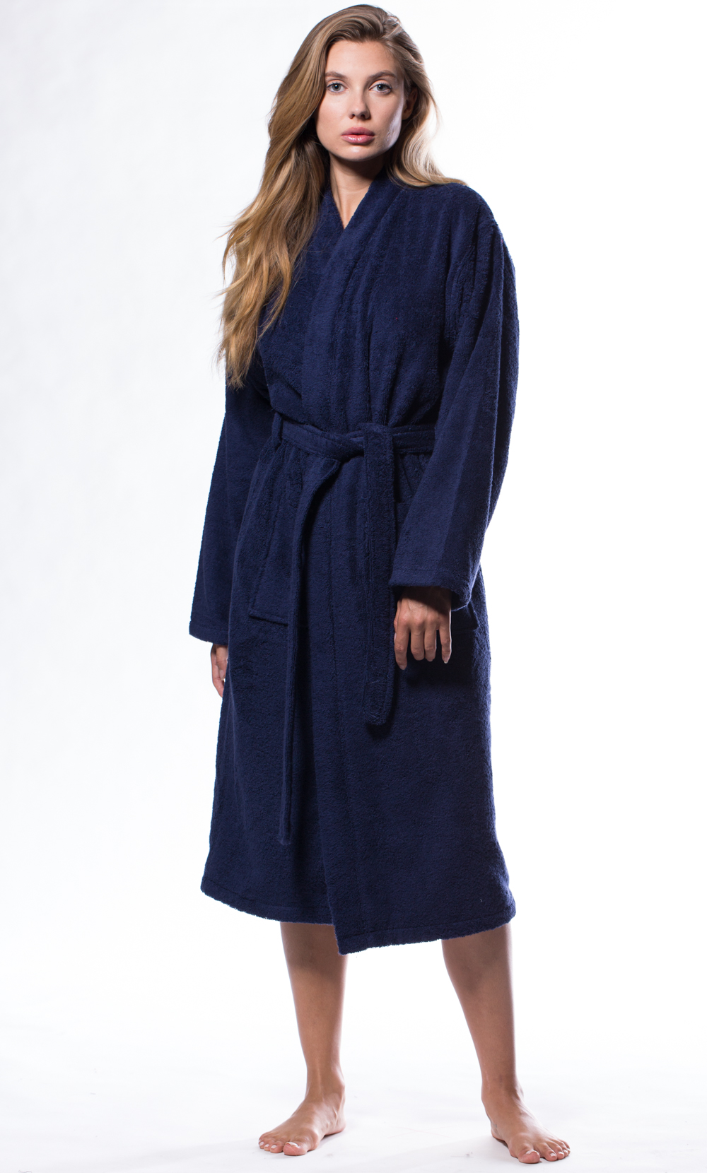 100% Turkish Cotton Navy Blue Terry Kimono Bathrobe-Robemart.com
