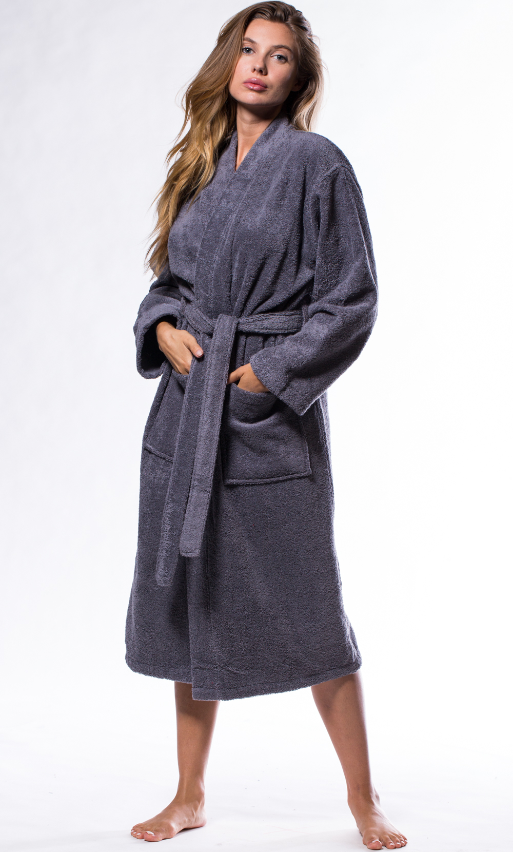 100% Turkish Cotton Gray Terry Kimono Bathrobe-Robemart.com