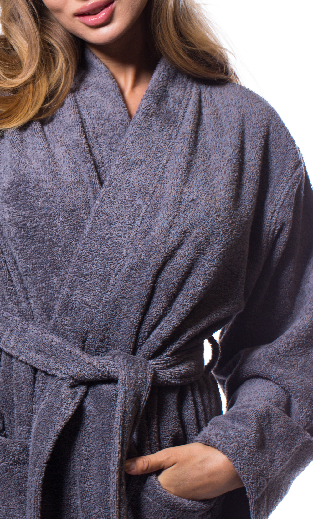 100% Turkish Cotton Gray Terry Kimono Bathrobe-Robemart.com