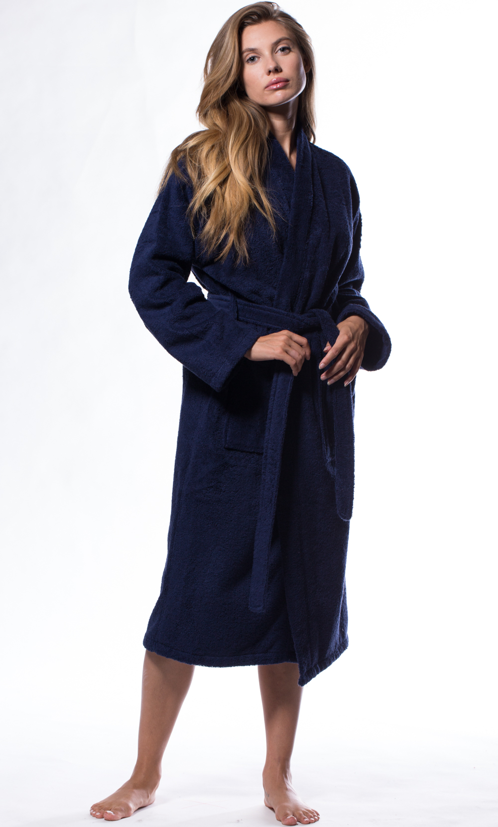 100% Turkish Cotton Navy Blue Terry Kimono Bathrobe-Robemart.com