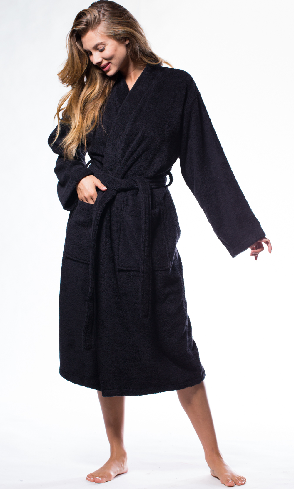 100% Turkish Cotton Black Terry Kimono Bathrobe-Robemart.com