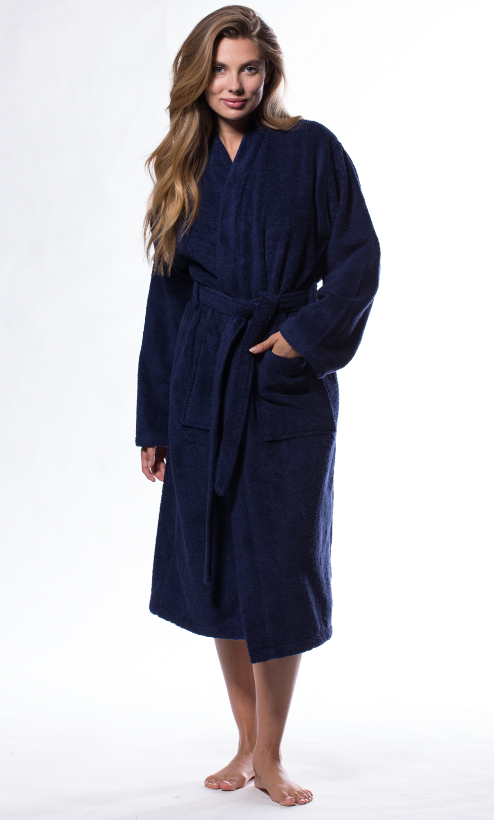 100% Turkish Cotton Navy Blue Terry Kimono Bathrobe-Robemart.com