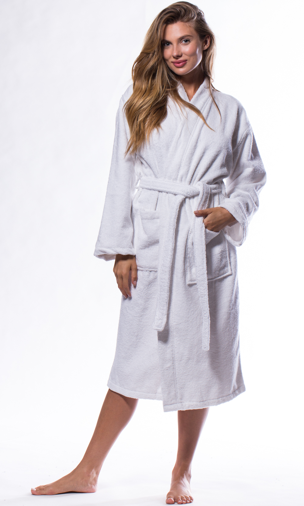 100% Turkish Cotton White Terry Kimono Bathrobe-Robemart.com
