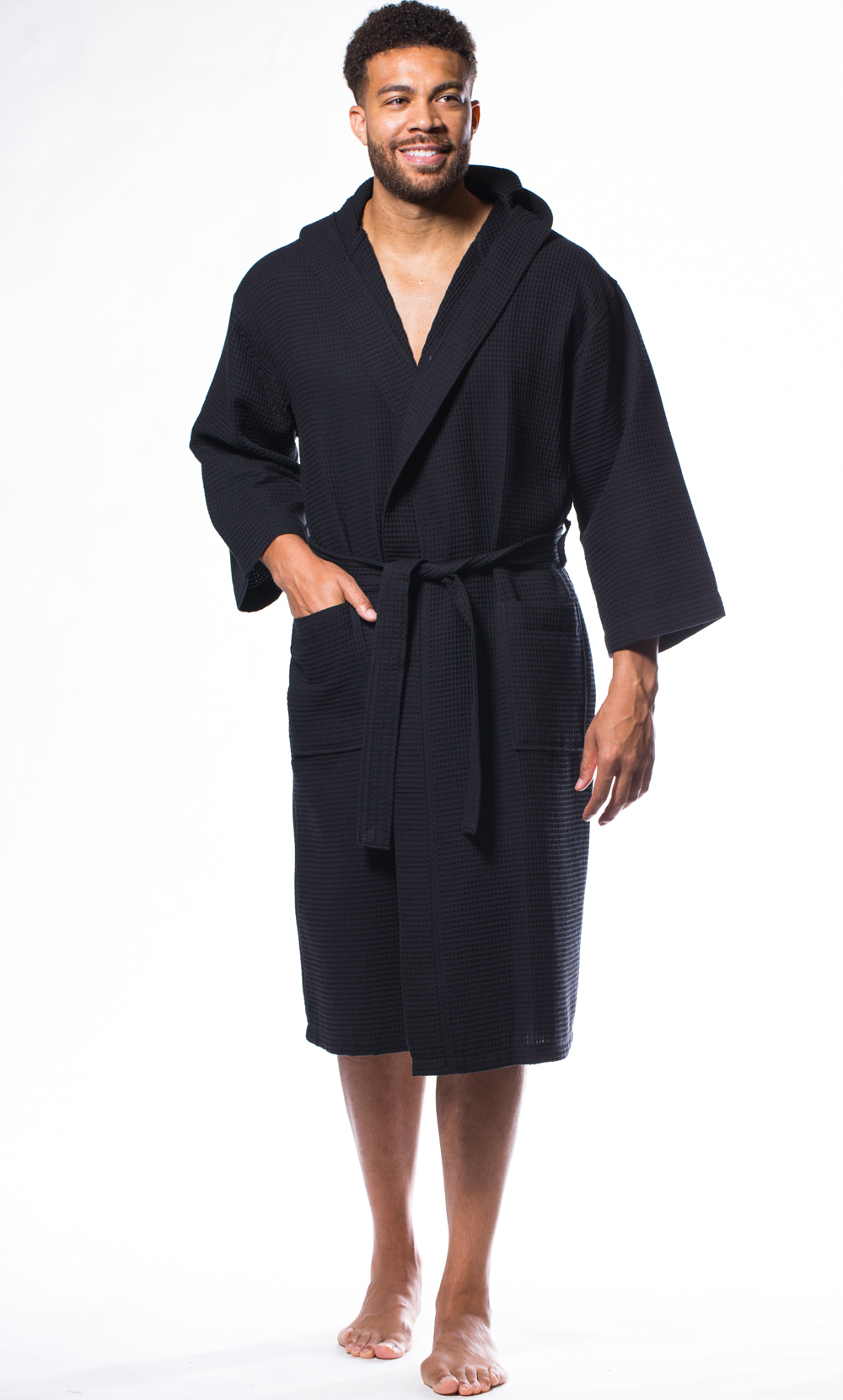 Waffle Hooded Long Robe Square Pattern Black-Robemart.com