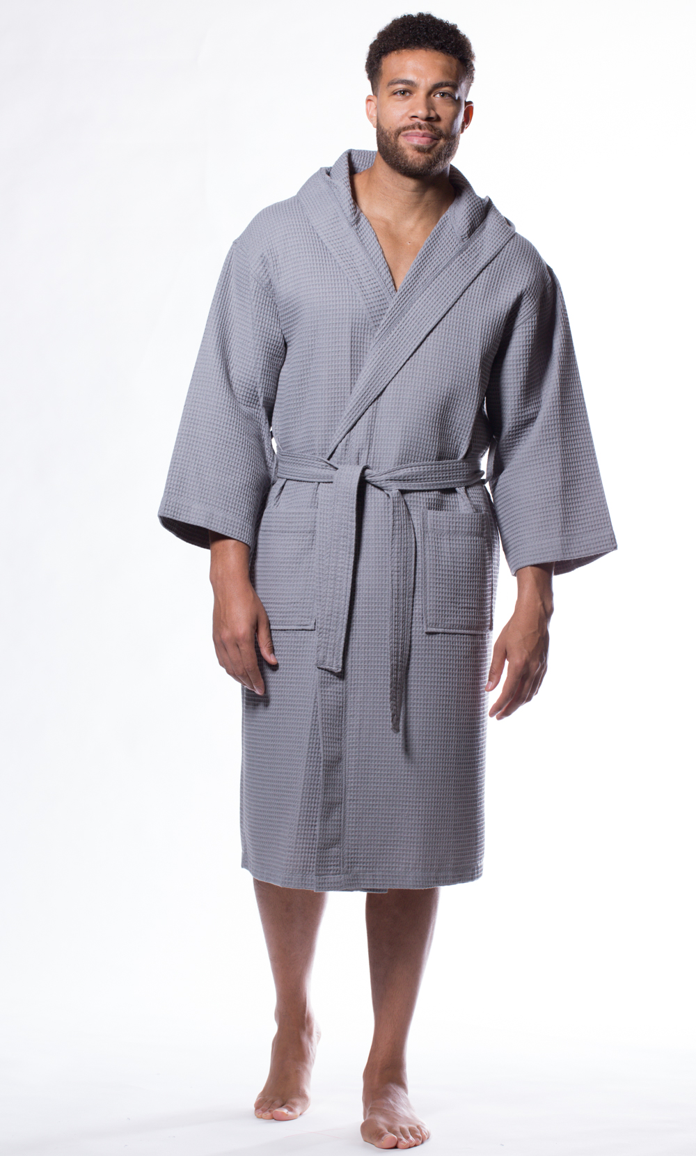 Waffle Hooded Long Robe Square Pattern Gray-Robemart.com