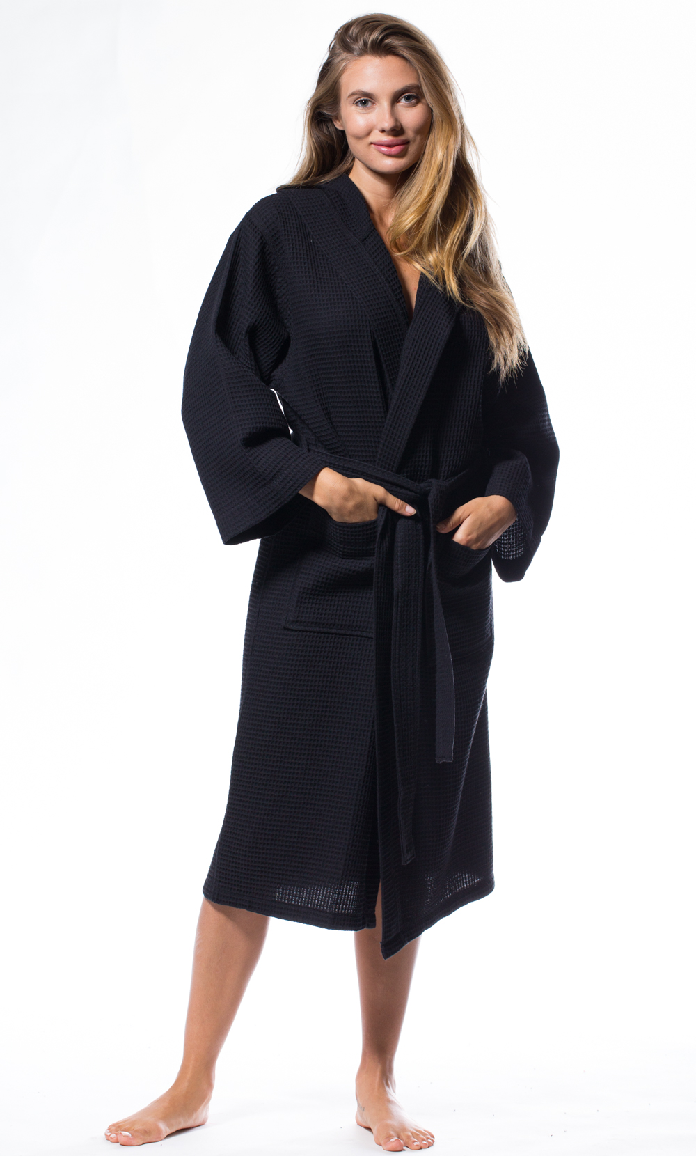 Waffle Hooded Long Robe Square Pattern Black-Robemart.com