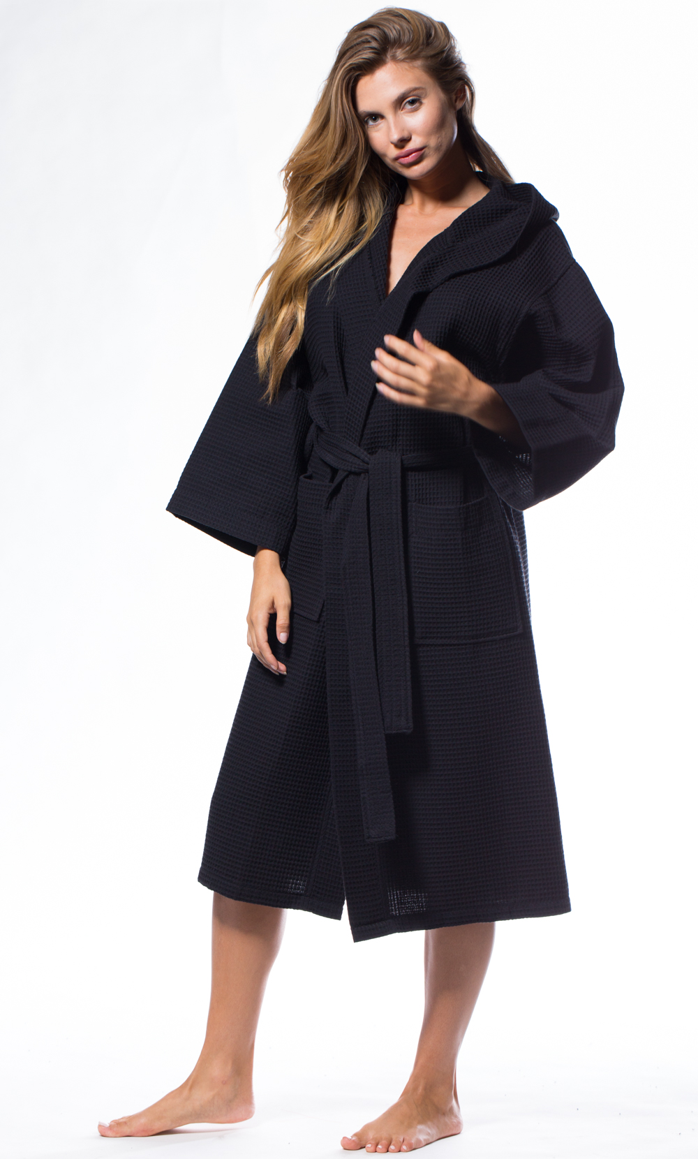 Waffle Hooded Long Robe Square Pattern Black-Robemart.com