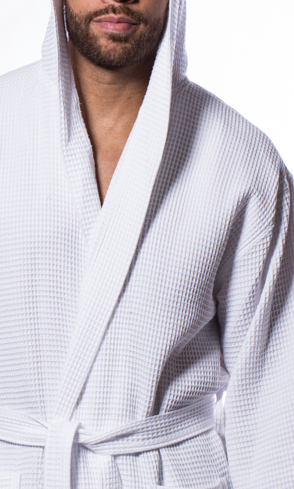 Waffle Hooded Long Robe Square Pattern White-Robemart.com