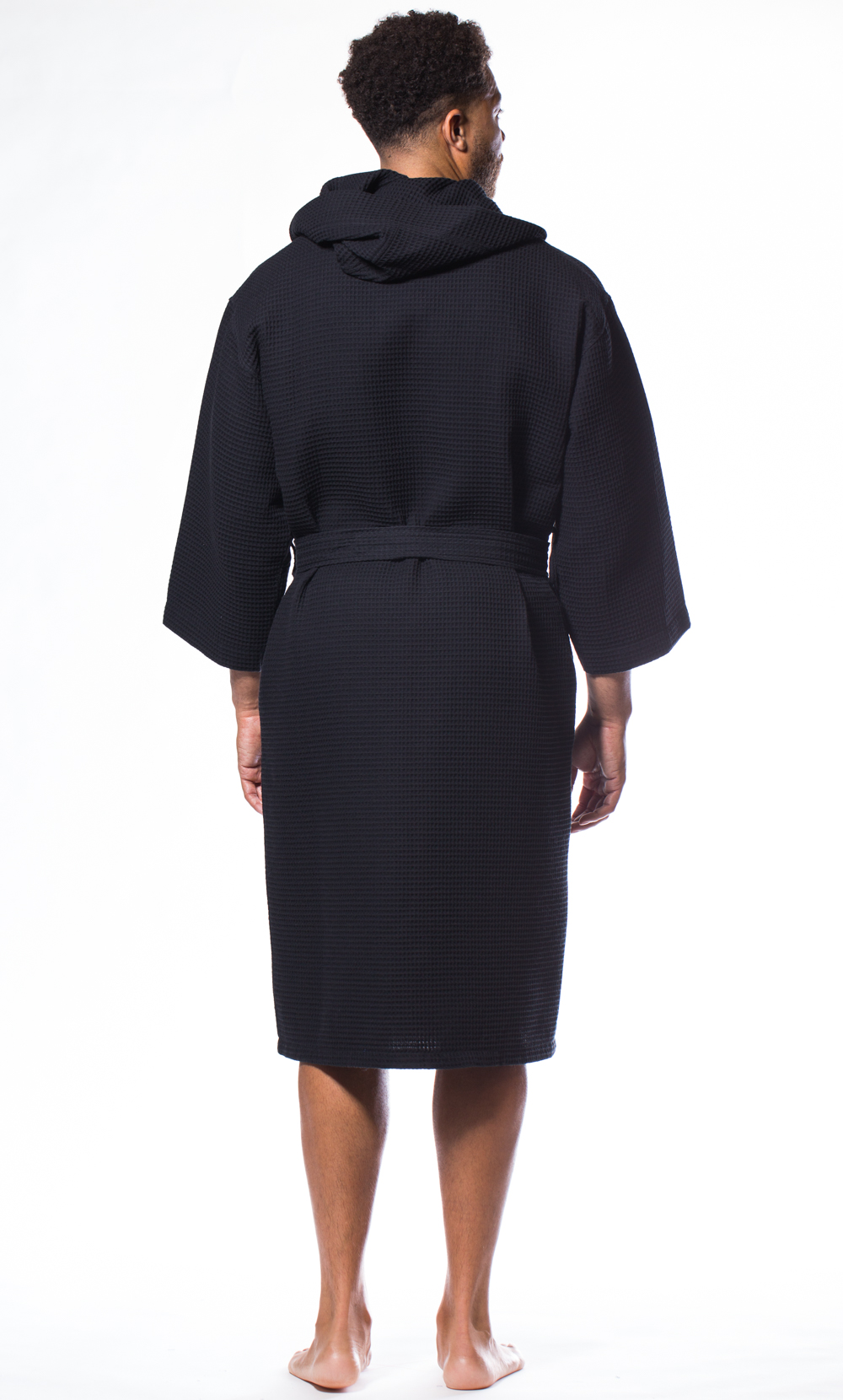 Waffle Hooded Long Robe Square Pattern Black-Robemart.com